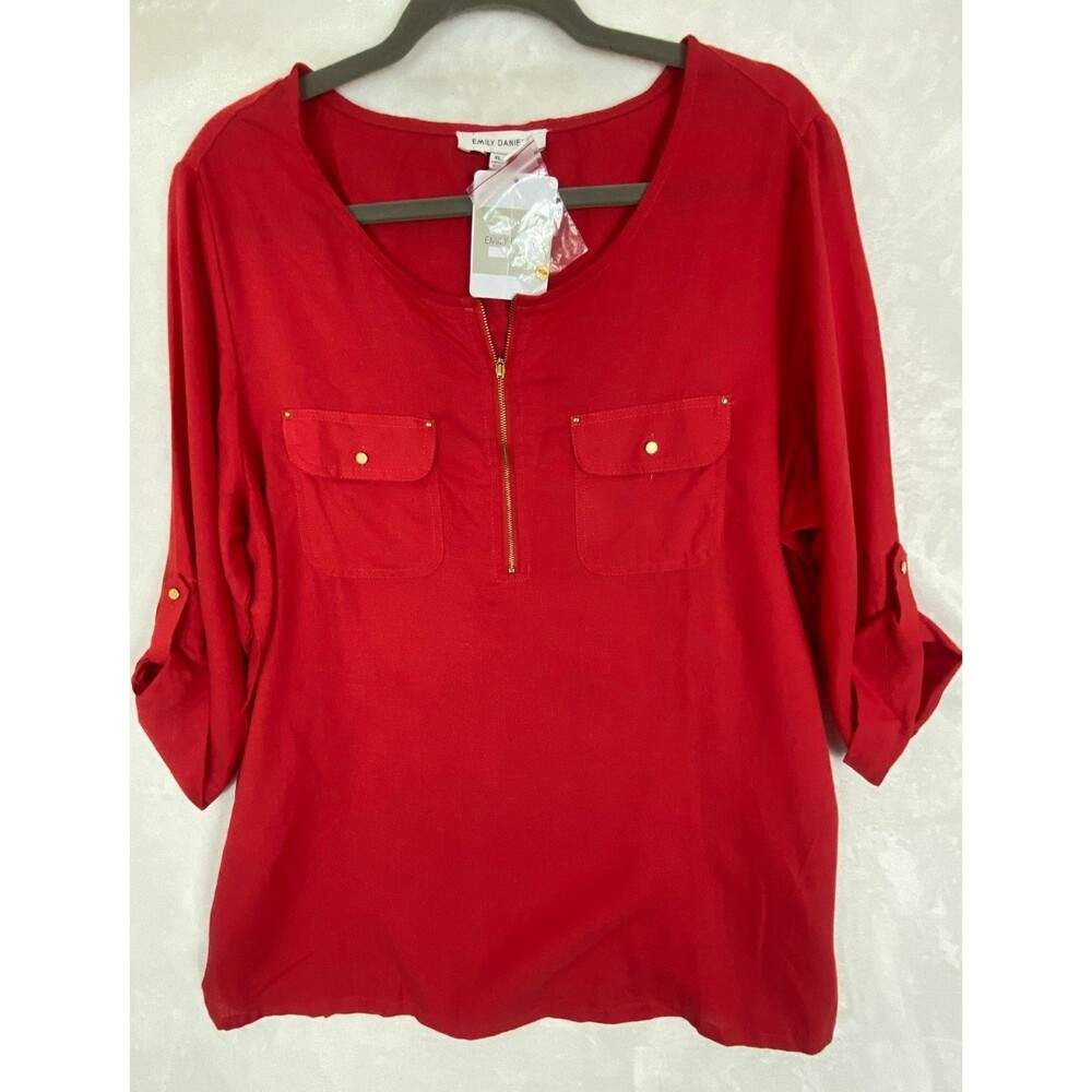 Emily Daniels Women Blouse XL Red 1/3 Zip Roll-Tab Sleeve Tunic Work Wear Career